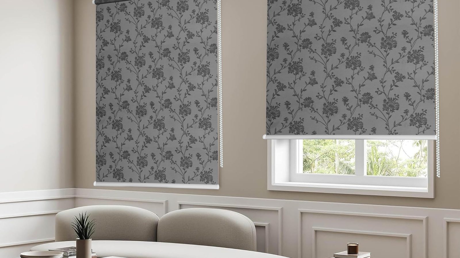 Living room with custom roller blinds