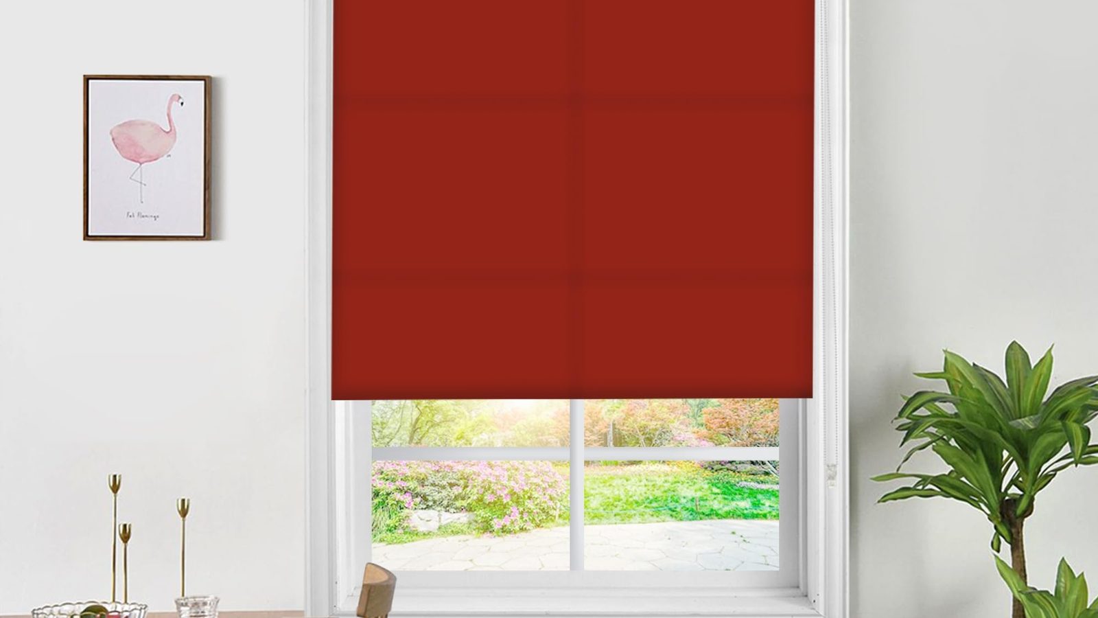 Bright dining room with a fitted roller blind